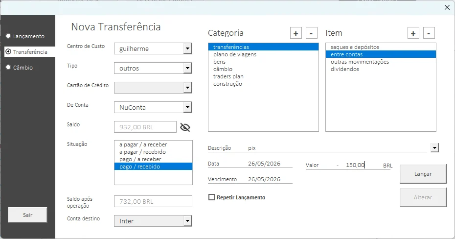 Tela de transferência entre contas