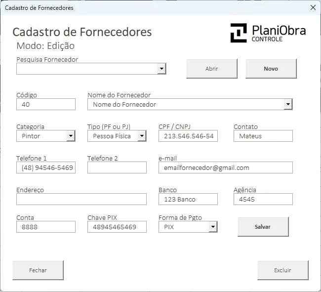 Cadastro de fornecedores da PlaniOBRA