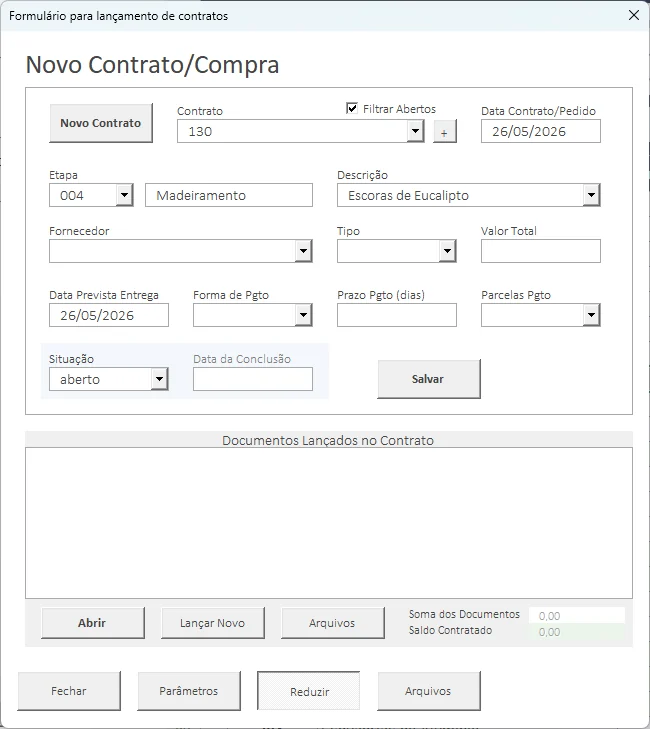 Formulário de contratos e compras da PlaniOBRA