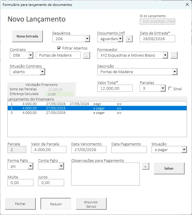 Formulário de notas e documentos da PlaniOBRA