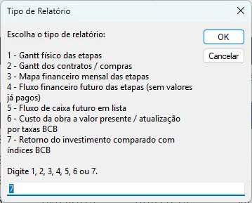 Menu de geração de relatórios da PlaniOBRA